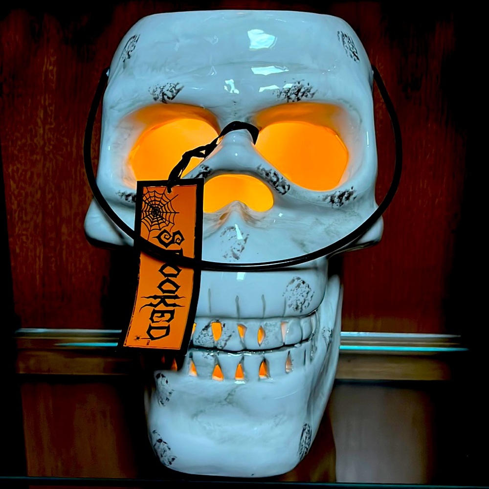 COPY - Huge Halloween Ceramic Latern w/LED Timer Orange Light w/ Metal Handle-1…